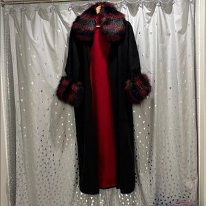 Elegant Black Coat with Red Fur Trim